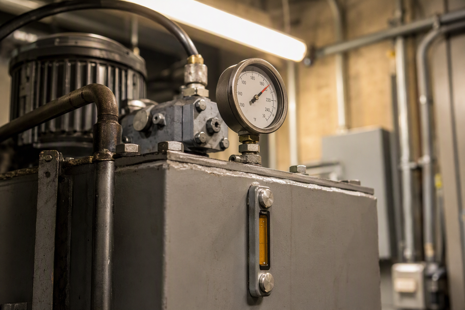 Close-up of a hydraulic elevator power unit reservoir and temperature gauge showing overheated fluid conditions during a Southern California hot summer, a key vulnerability for elevator performance.