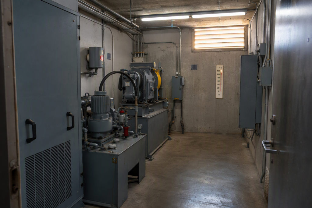 Elevator machine room in a Southern California building with temperatures exceeding 100°F during summer heat, showing hydraulic power unit and control panels under thermal stress.