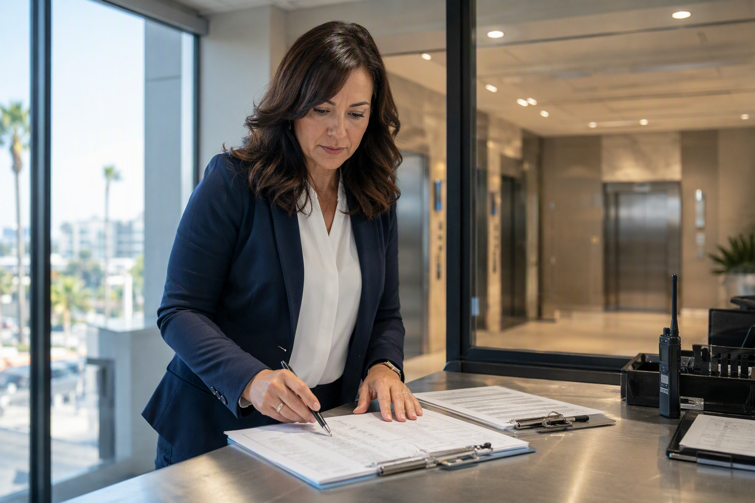 Building facilities manager in Long Beach California reviewing a pre-summer elevator inspection checklist and maintenance report to prepare elevator components for Southern California hot summer condi