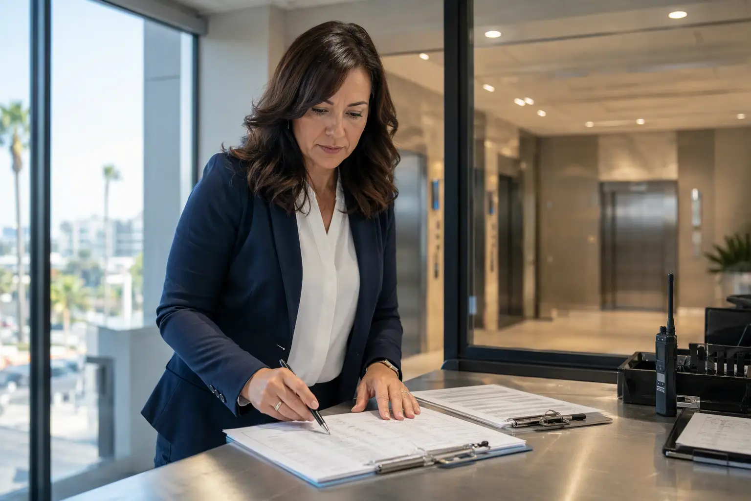 Building facilities manager in Long Beach California reviewing a pre-summer elevator inspection checklist and maintenance report to prepare elevator components for Southern California hot summer condi