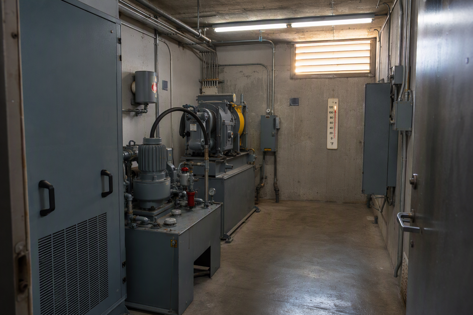Elevator machine room in a Southern California building with temperatures exceeding 100°F during summer heat, showing hydraulic power unit and control panels under thermal stress.