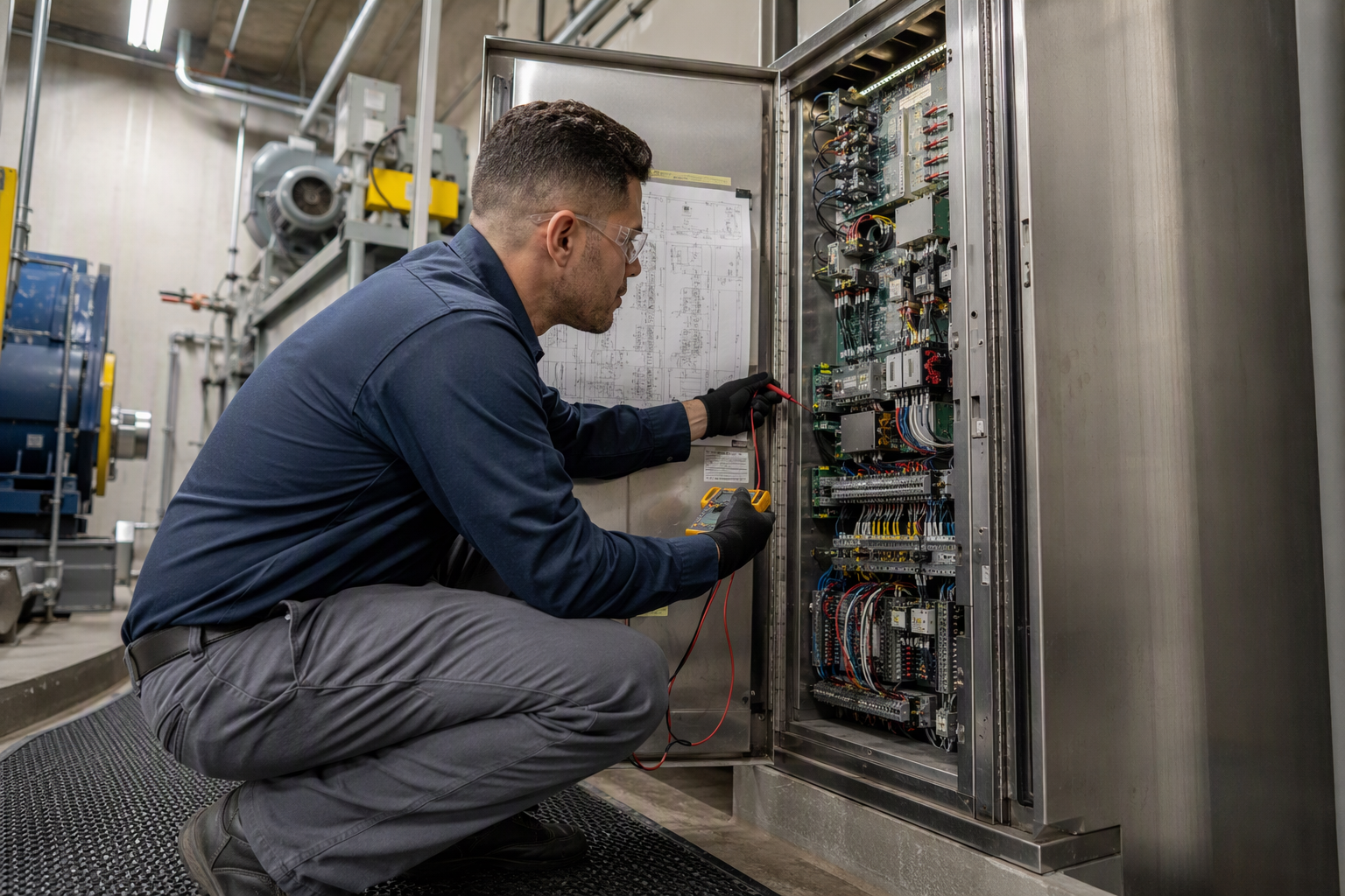 Elevator mechanic inspecting a traction machine-room controller during preventive maintenance in a Southern California commercial building, part of a routine PM contract service