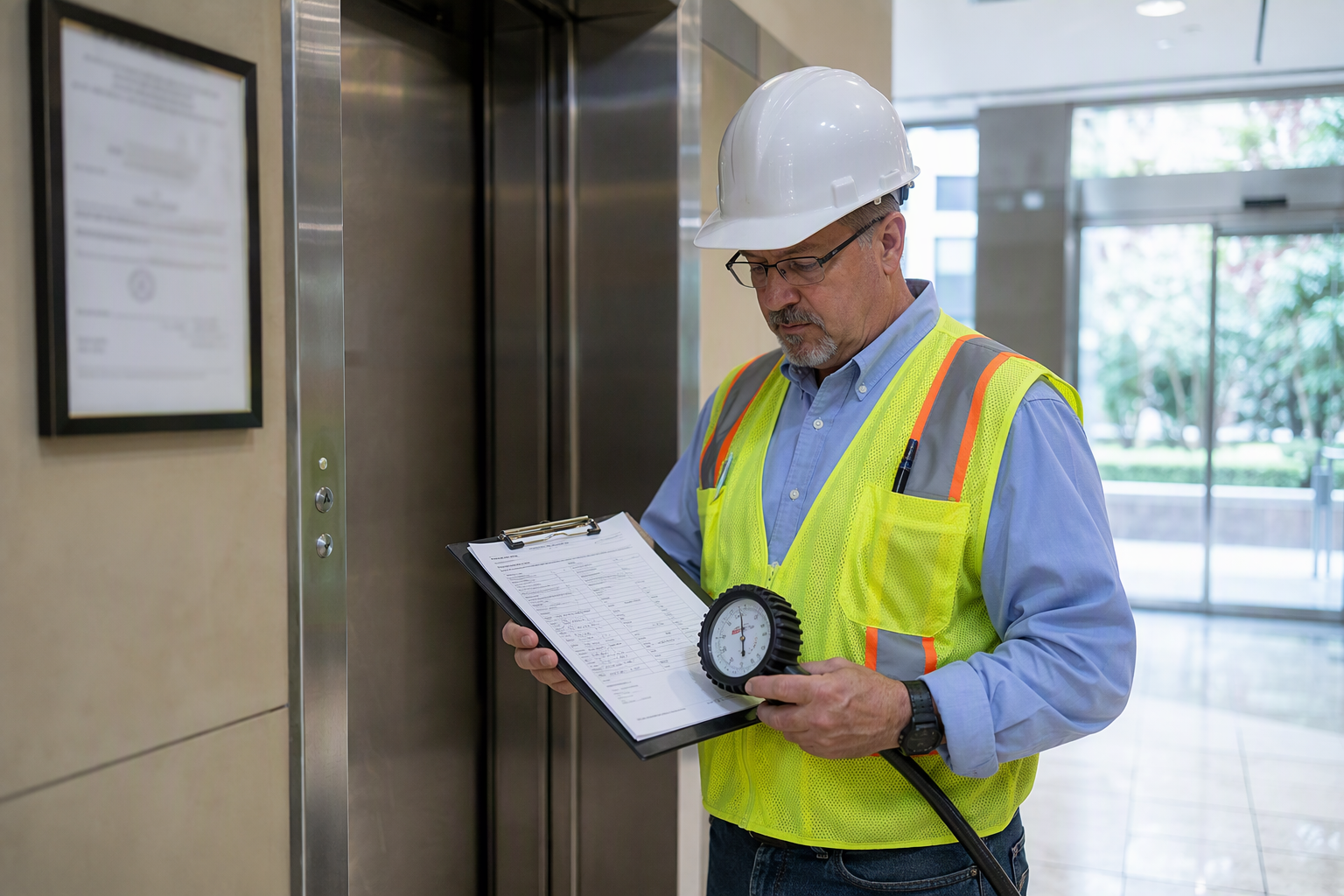 Cal/OSHA-certified elevator inspector reviewing a compliance checklist in an Orange County CA commercial building lobby during a mandatory periodic safety inspection