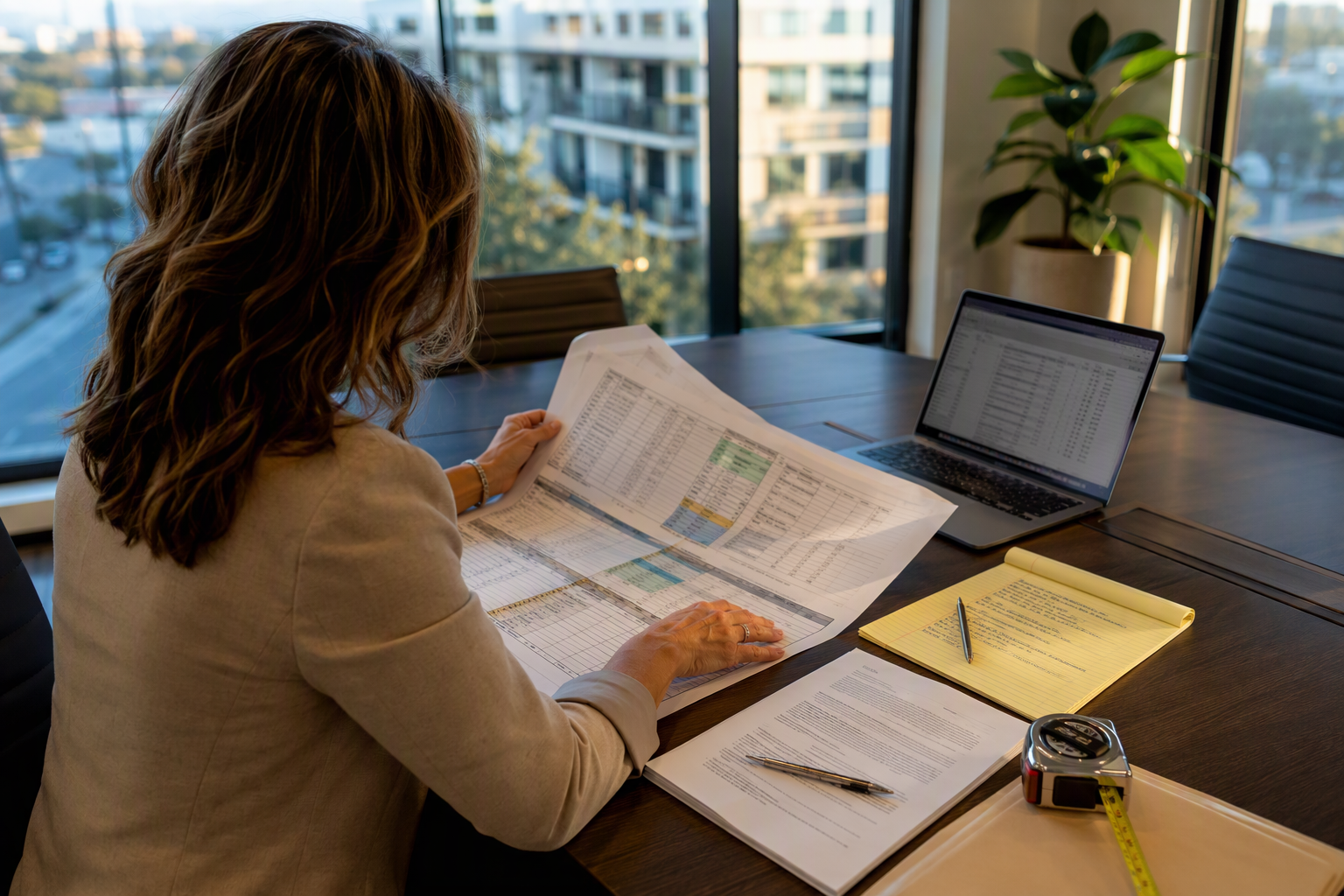 Property manager reviewing a 2027 elevator maintenance and repair budget spreadsheet with inspection contracts in a Long Beach CA commercial office, afternoon light