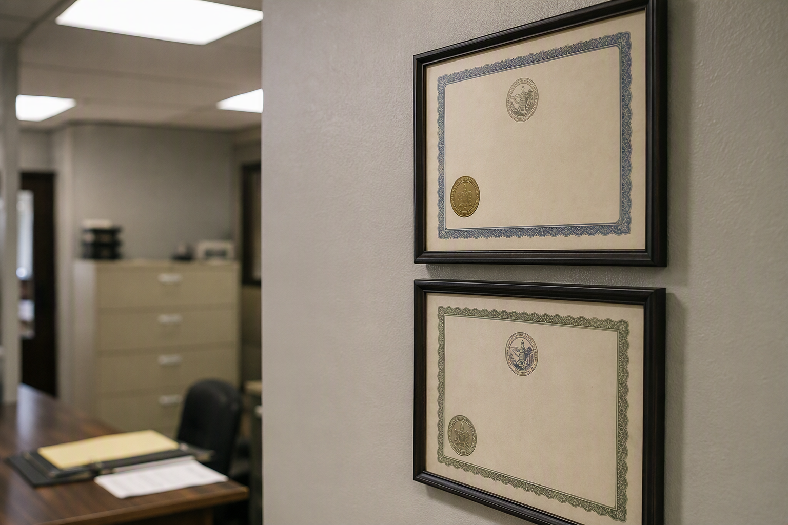 Verifying California Elevator Contractor Licensing California CSLB contractor license and elevator mechanic certification documents on an office wall, verifying credentials before hiring an elevator company in Los Angeles or Orange County