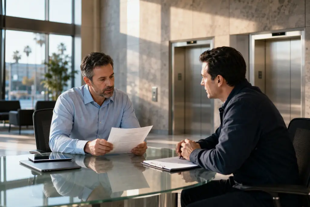 Building manager reviewing elevator maintenance contract with a service company representative in a Long Beach CA commercial lobby before hiring an elevator company