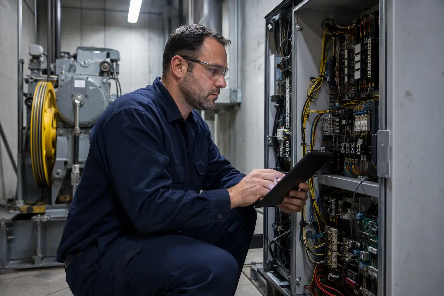 ASME Code Compliance Check in the Machine Room Certified elevator mechanic checking ASME A17.1 code compliance on a controller panel inside a machine room in Orange County CA during a maintenance evaluation