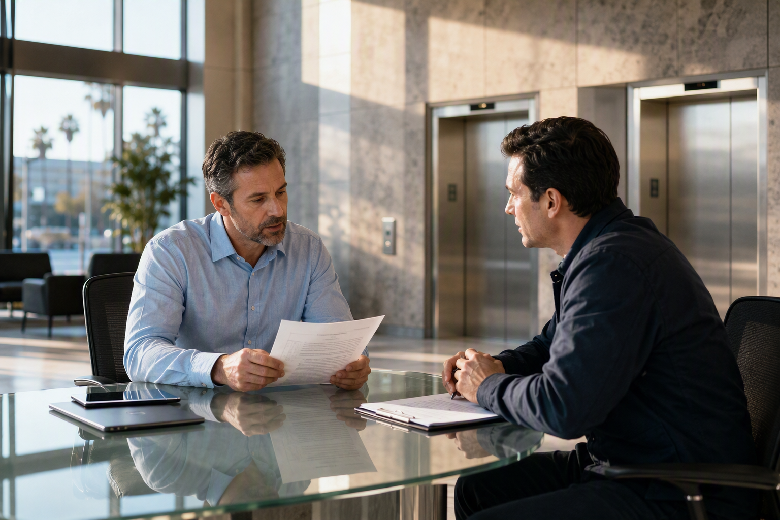 Evaluating Elevator Companies Before Hiring Building manager reviewing elevator maintenance contract with a service company representative in a Long Beach CA commercial lobby before hiring an elevator company