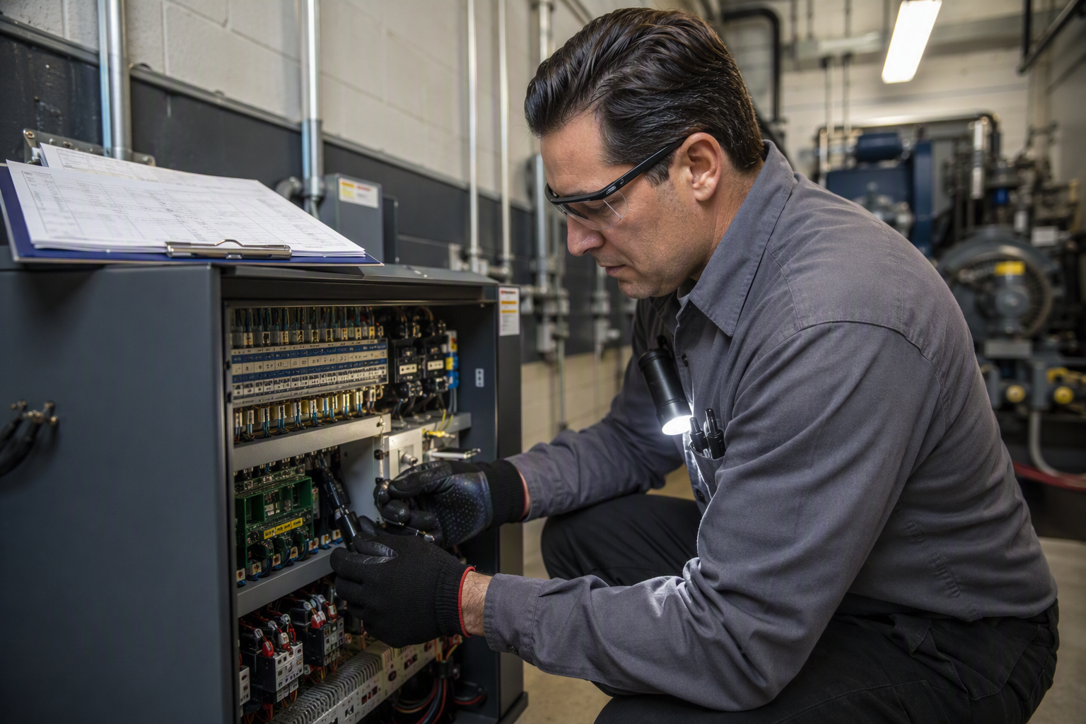 Licensed elevator mechanic inspecting ASME A17.1 compliant controller wiring inside a hospital elevator machine room during California state inspection preparation