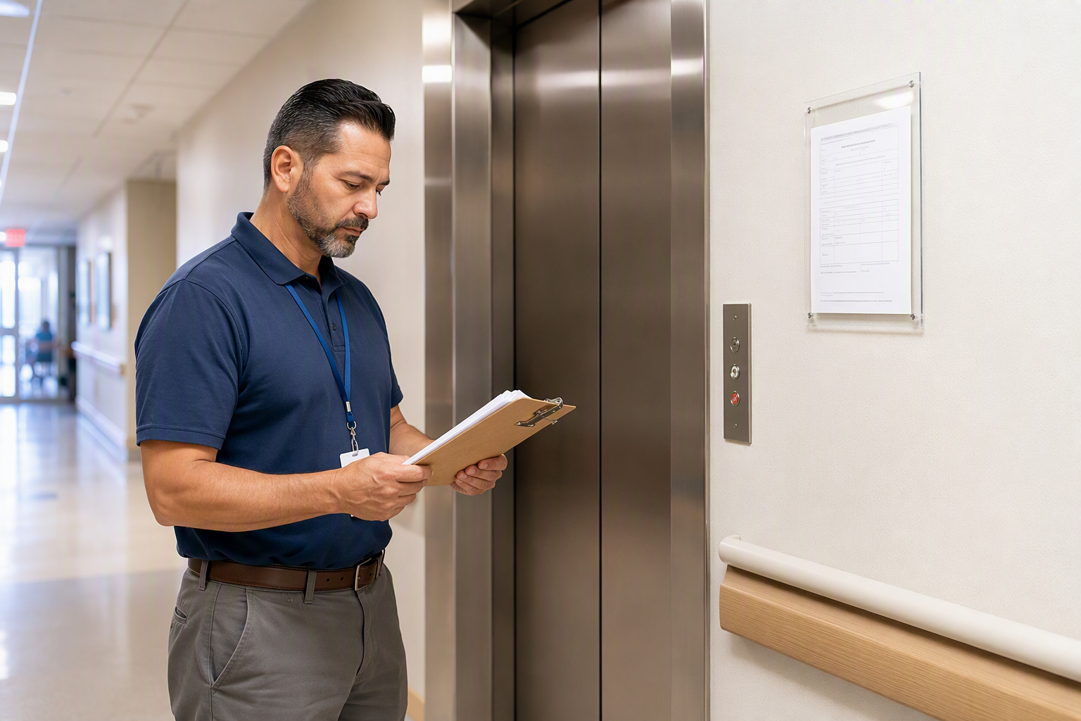 Hospital facility manager reviewing elevator inspection checklist outside stainless-steel elevator doors in a Long Beach California healthcare corridor before certificate expiration