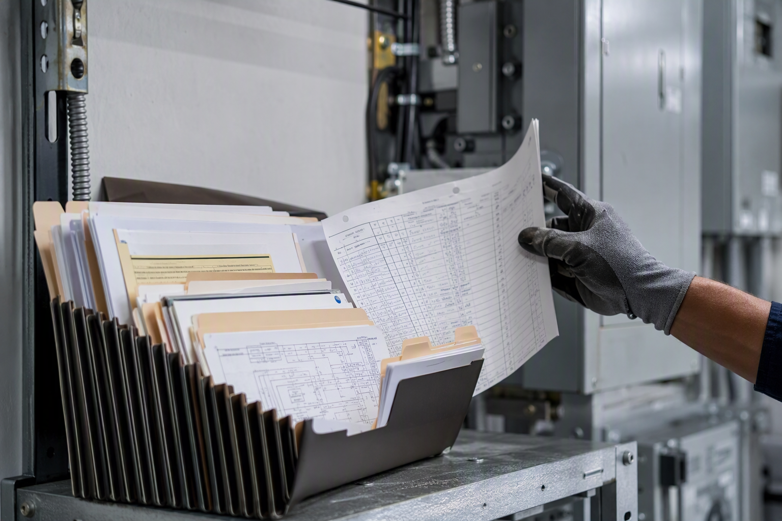 Elevator equipment records including Cal/OSHA permit to operate, inspection certificates, and maintenance logs being organized for transfer to a new service company