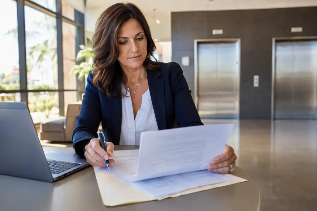 Property manager reviewing an elevator maintenance contract in a Long Beach CA commercial building lobby before switching elevator service companies
