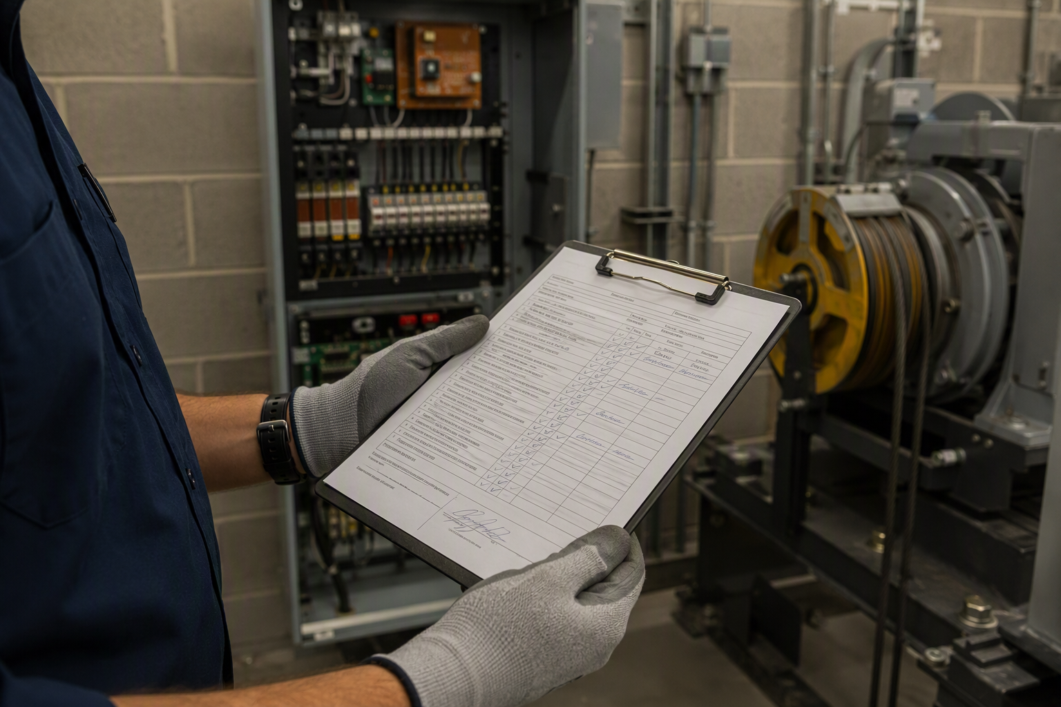Elevator technician holding a signed post-visit maintenance checklist in a California machine room, showing the documentation an elevator service company must provide after each visit