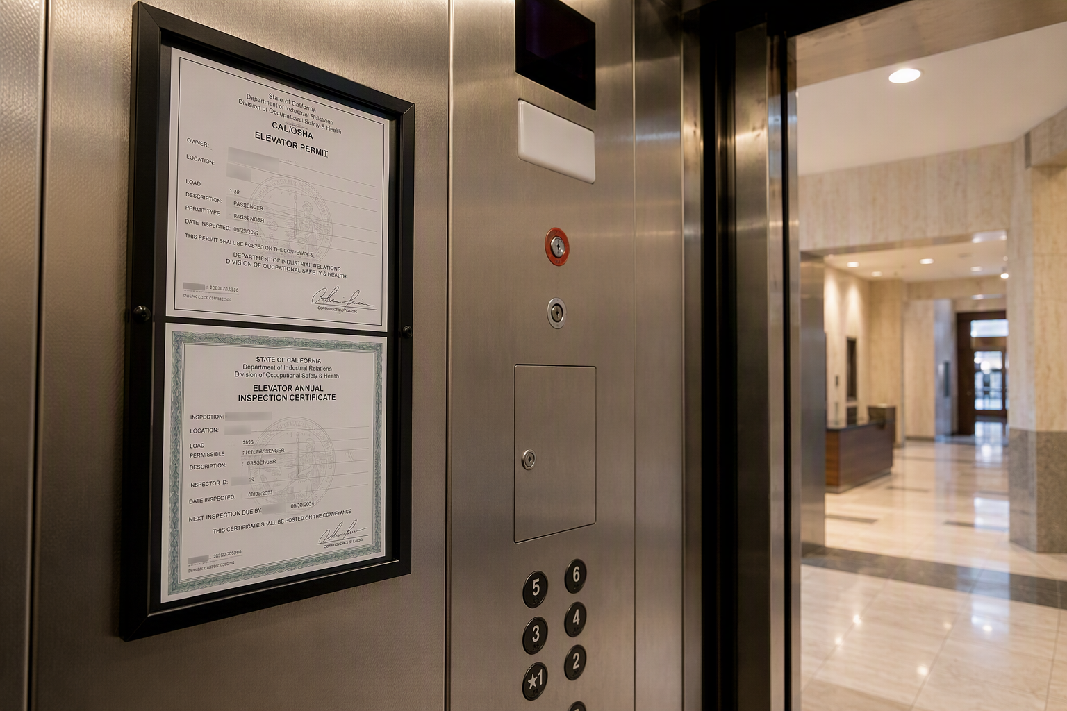Cal/OSHA elevator inspection certificate posted inside a Los Angeles commercial elevator cab, a key compliance document property managers should verify when auditing their elevator service company