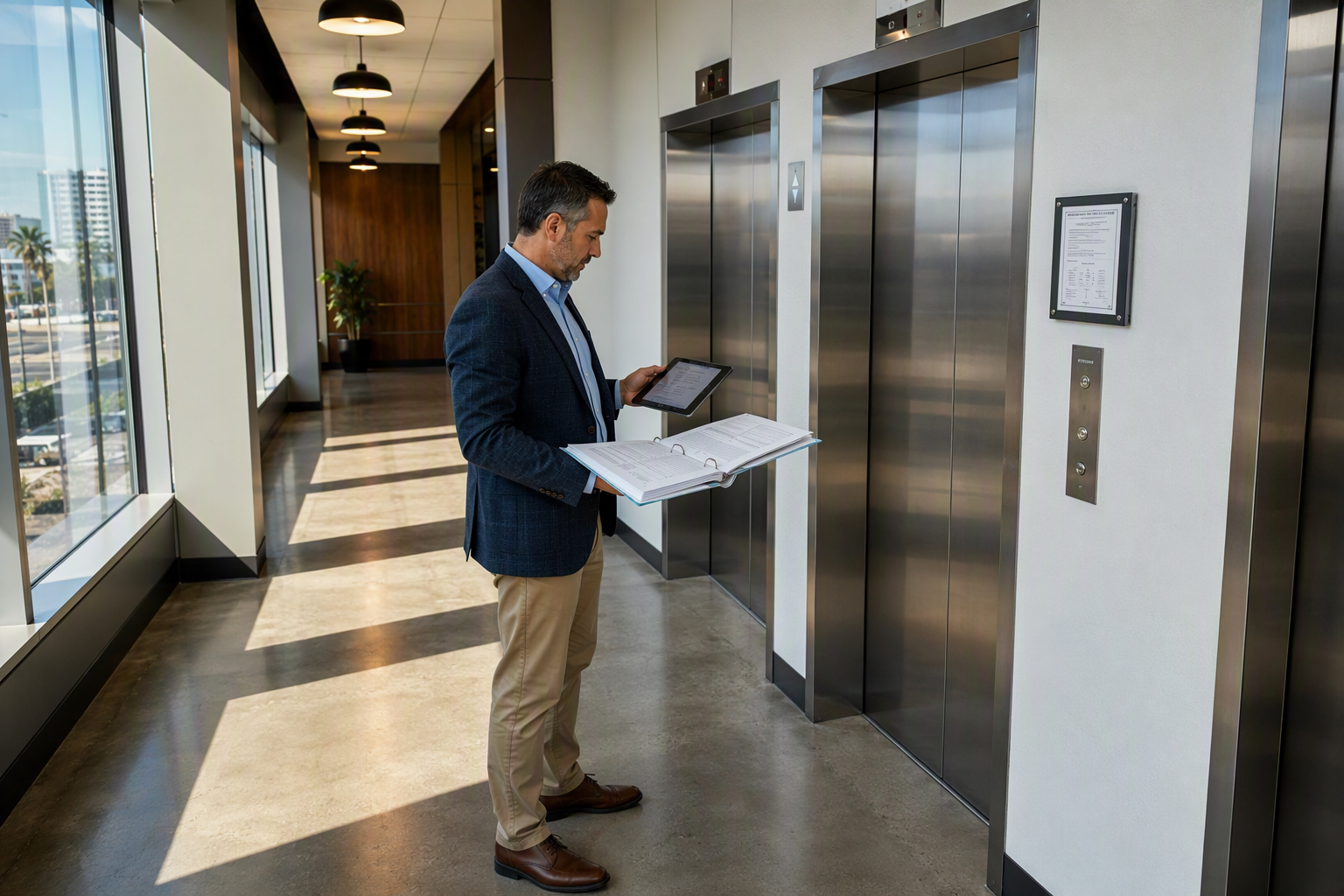 Building manager reviewing elevator service documentation against maintenance logs in a Long Beach commercial corridor, verifying an elevator service company is performing billed maintenance