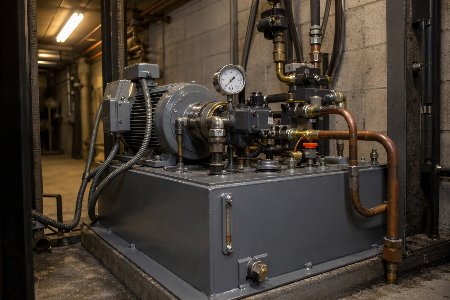 Hydraulic elevator pump unit inside a commercial machine room in Signal Hill CA, showing the oil reservoir, electric motor, pressure gauge, and hydraulic lines that power a hole-less hydraulic elevato
