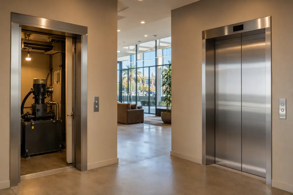 Side-by-side view of a hydraulic elevator and a traction elevator in a Long Beach mid-rise commercial building lobby, illustrating the key differences for building owners choosing between the two syst
