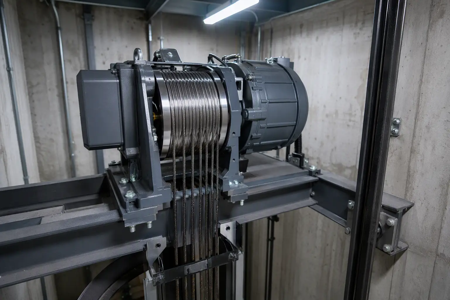 Gearless traction elevator drive machine and hoist ropes above a mid-rise commercial hoistway in Los Angeles CA, showing the sheave, counterweight rail, and MRL configuration used in modern traction e