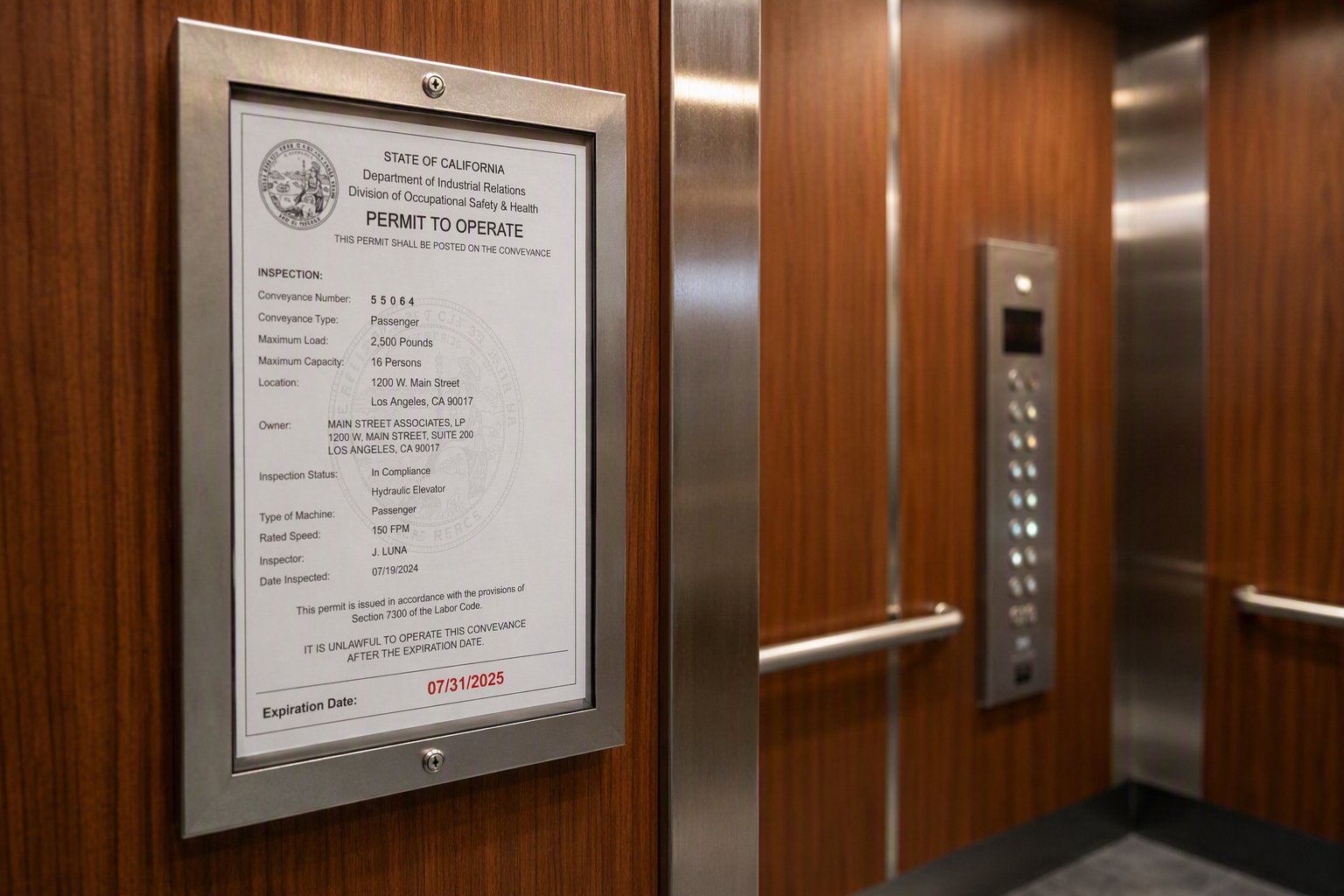 California elevator permit-to-operate certificate mounted inside a commercial elevator cab, representing Cal/OSHA inspection compliance requirements for portfolio properties in Los Angeles and Orange 