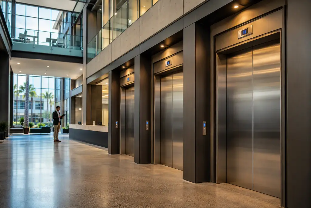 Property manager reviewing tablet in a multi-elevator commercial lobby in Los Angeles, illustrating portfolio-wide elevator maintenance and inspection management across multiple buildings.
