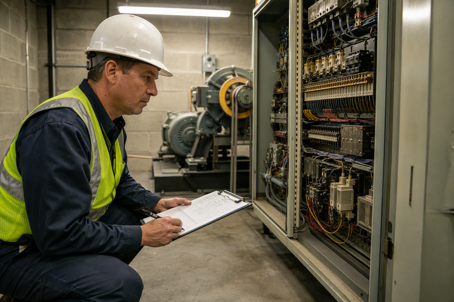 Licensed elevator inspector examining machine room controller equipment during a California periodic inspection, a required step for portfolio property managers renewing operating permits in Los Angel