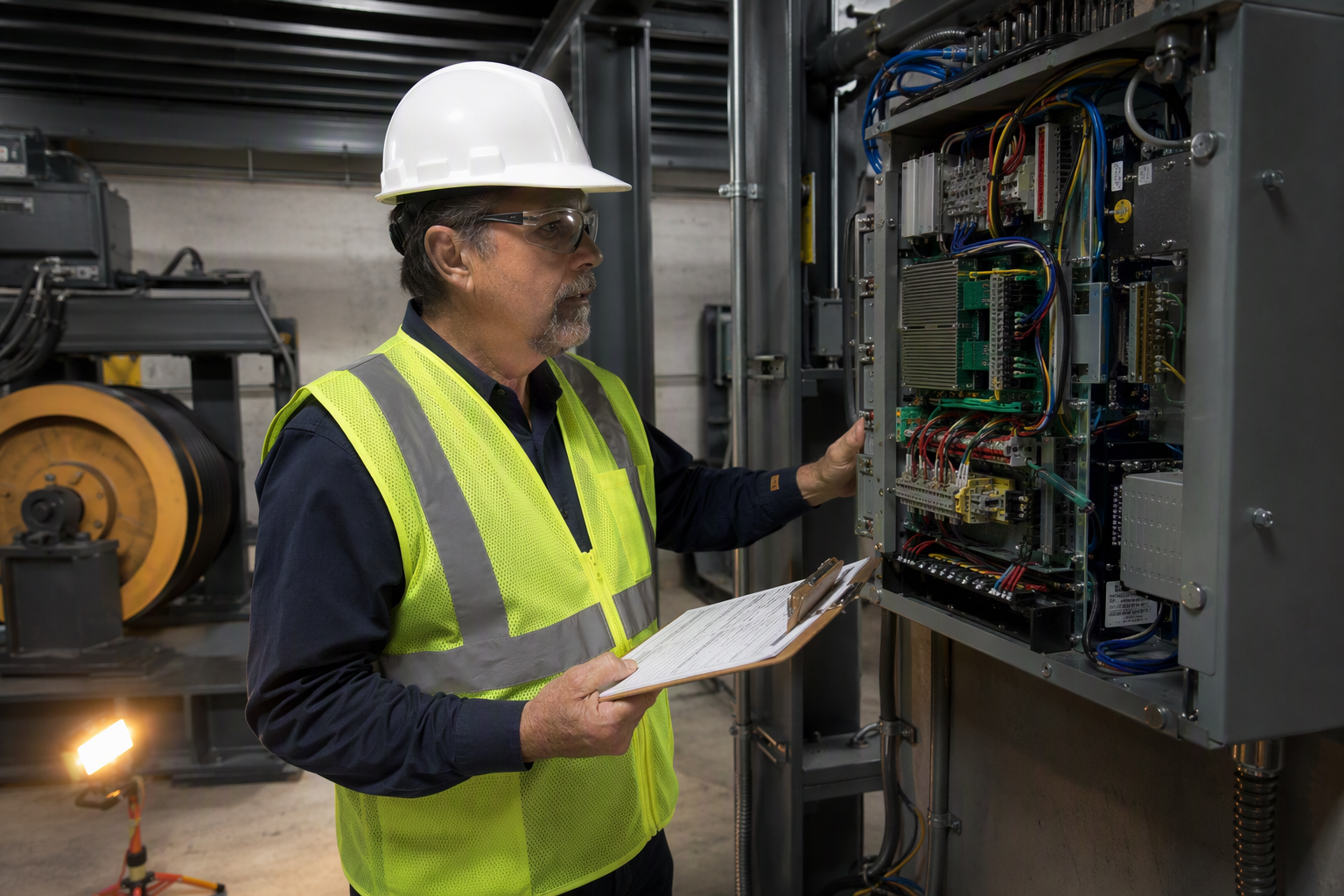 Licensed elevator inspector reviewing safety controller panel during annual California QSI inspection inside a Southern California commercial building machine room