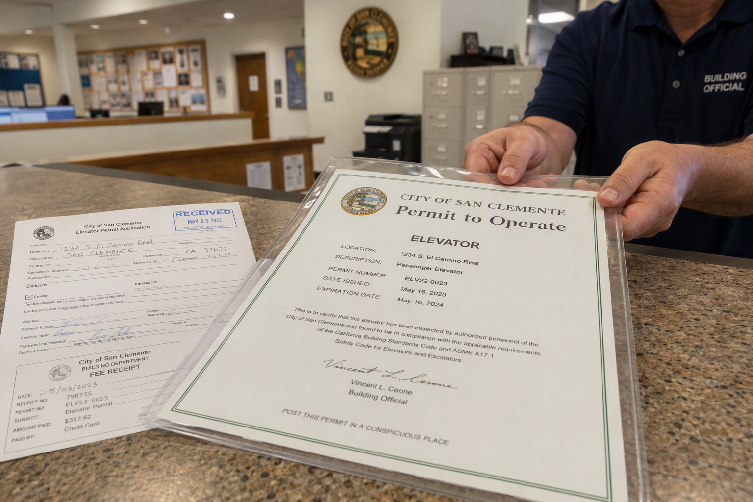 Elevator Permit to Operate certificate issued by a Southern California AHJ city building department, required annually for each elevator in a property portfolio