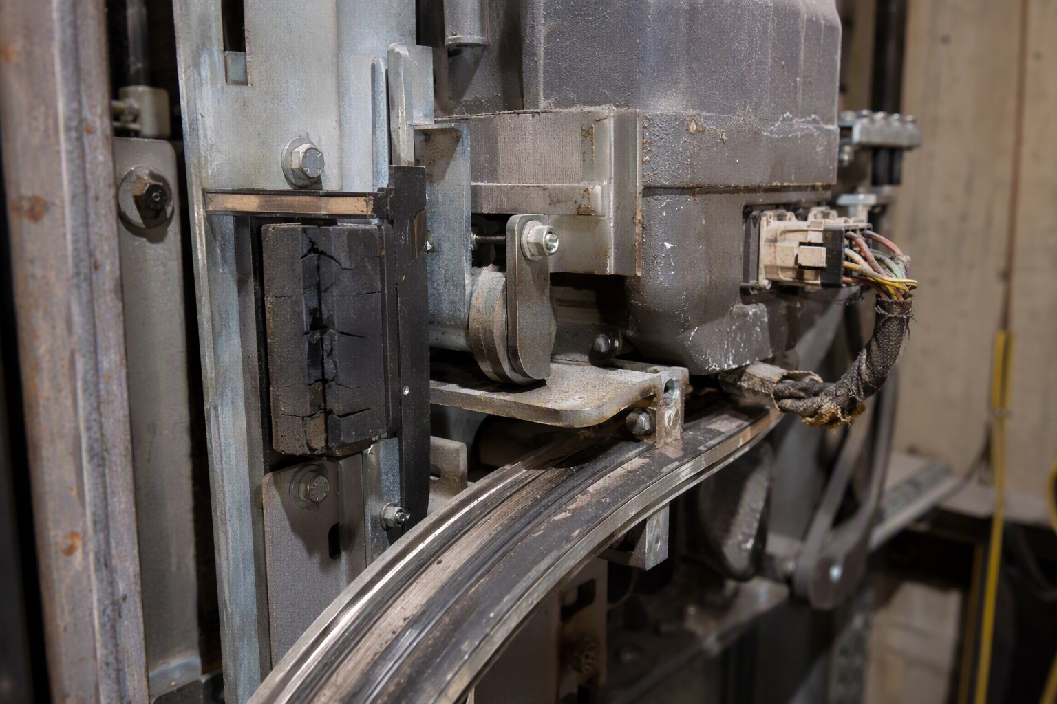 Worn elevator door operator motor, cracked gibs, and frayed wiring — common mechanical causes of elevator door faults and unplanned cab outages in aging buildings.