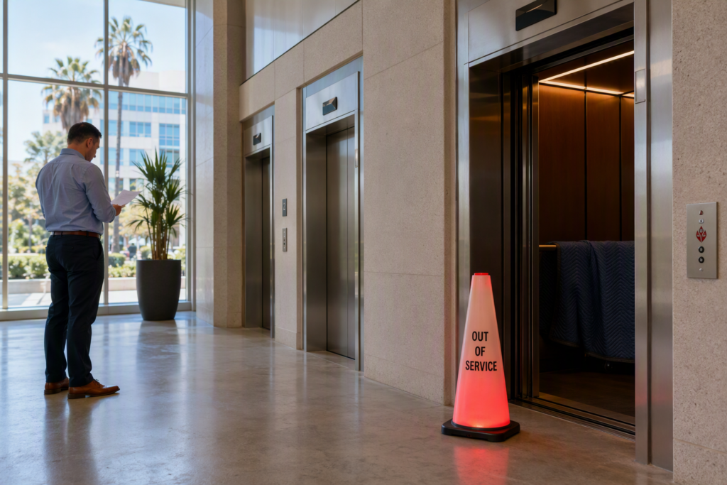 Unplanned elevator outage in a Long Beach CA commercial office lobby, with one cab out of service and a facilities manager reviewing a maintenance report to prevent future breakdowns.