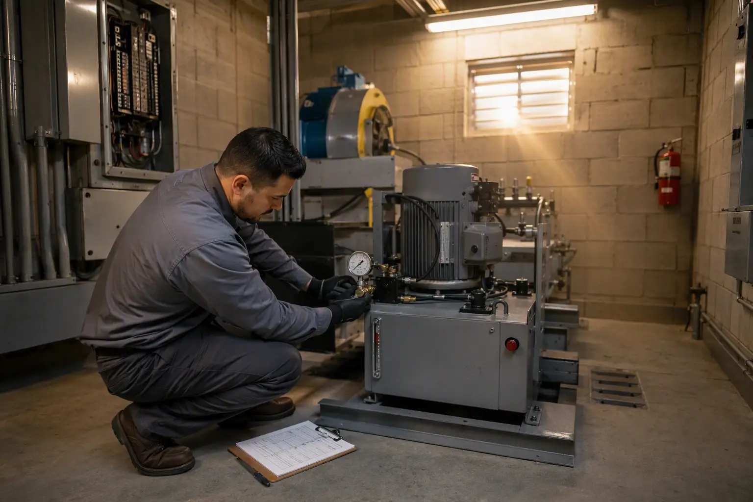 Elevator technician performing preventive maintenance on a hydraulic power unit in an Orange County CA machine room, using inspection checklist to prevent unplanned elevator outages.