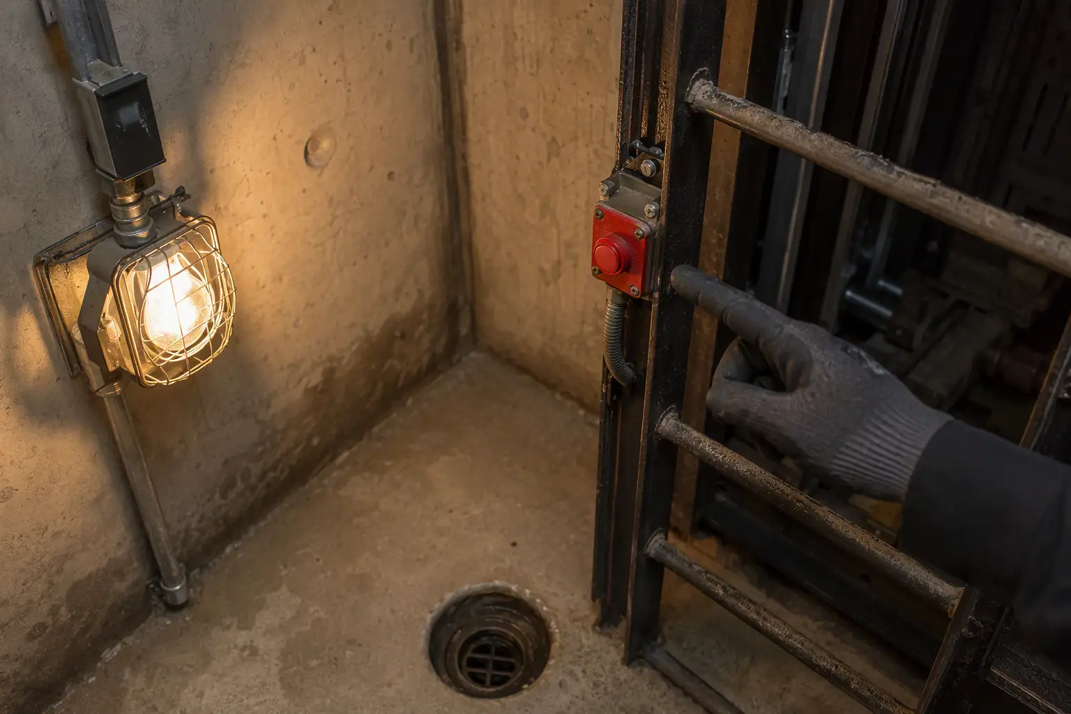 Elevator pit stop switch and lighting fixture being inspected for California code compliance — pit condition violations are among the most common cited during state elevator inspections