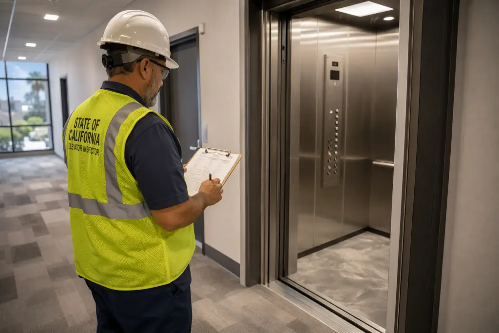 California elevator inspector reviewing inspection checklist outside open commercial elevator cab in Long Beach building, checking for common code violations under ASME A17.1