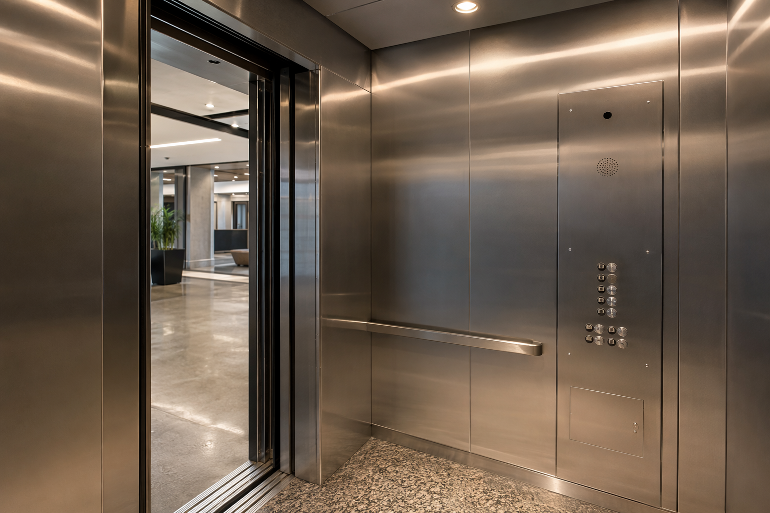New Commercial Elevator Cab Interior with ADA Controls Interior of a newly installed commercial elevator cab with ADA-compliant controls and stainless-steel finishes in an Orange County office building