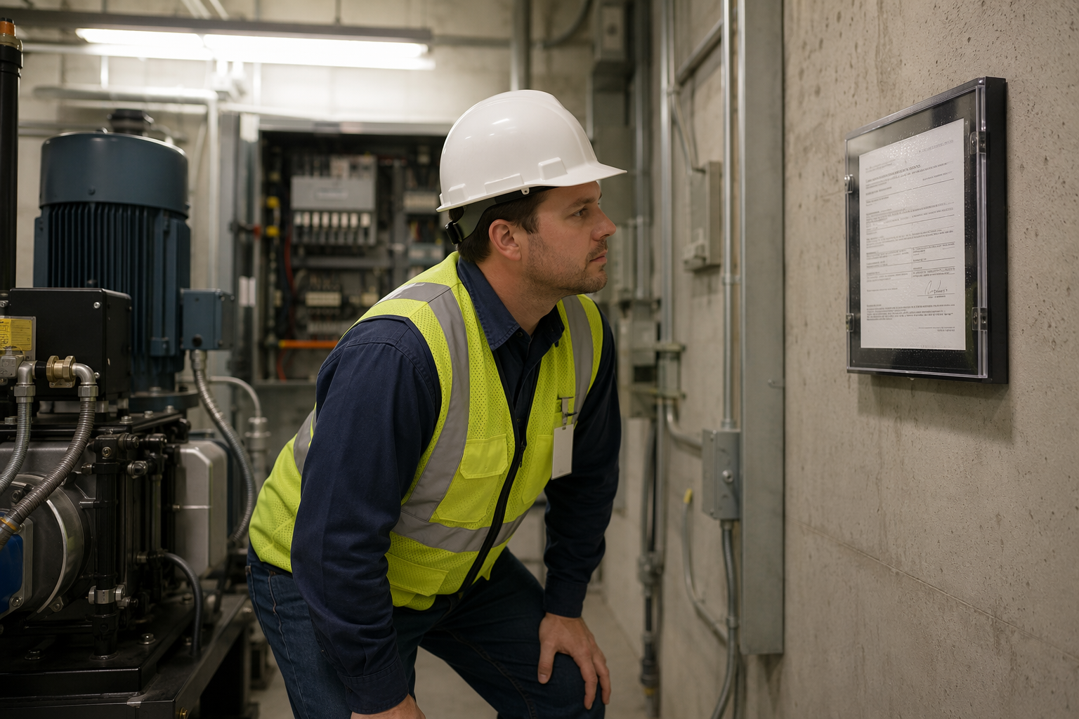California Elevator Code Compliance Inspection Licensed elevator inspector reviewing California compliance certificate in a commercial building machine room in the Los Angeles area