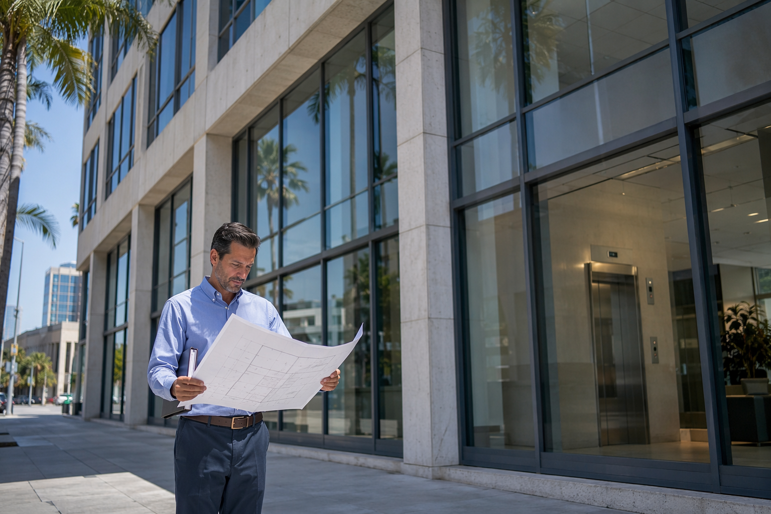 Commercial Elevator Installation Planning in Los Angeles Building manager reviewing elevator installation plans outside a commercial office building in Los Angeles, CA, assessing new elevator costs and requirements