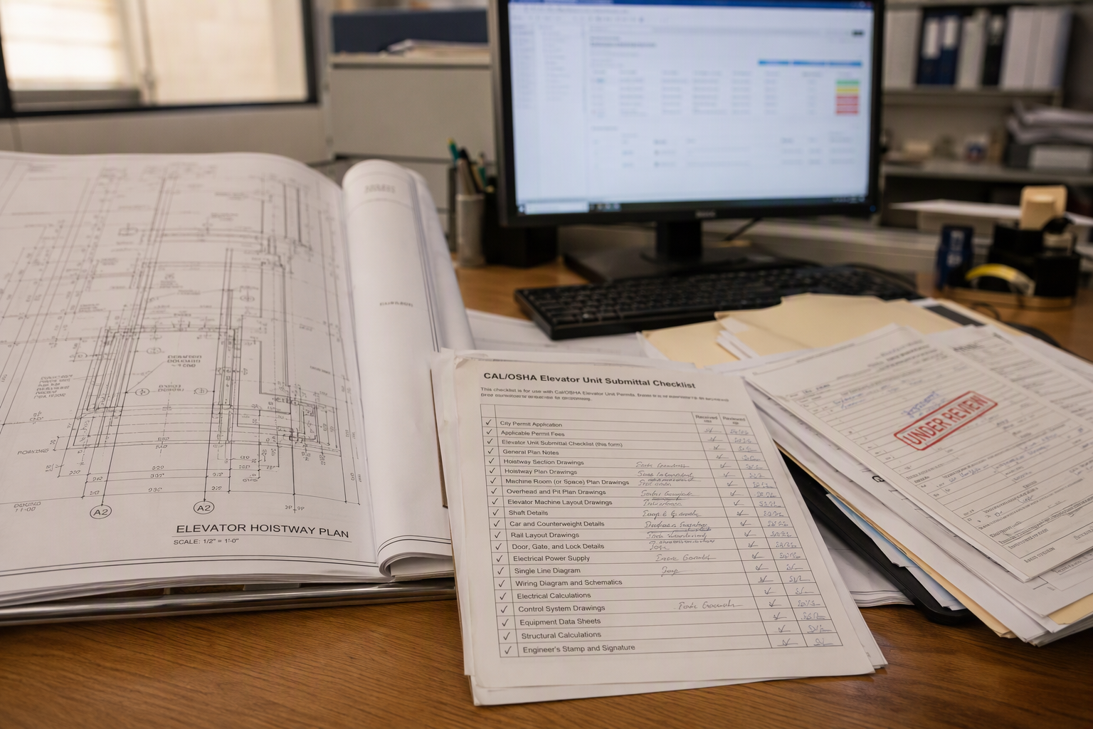 California elevator permit application and hoistway plan drawings under AHJ review at a building department desk, illustrating the 2-to-6-month permit approval phase for commercial elevator installati