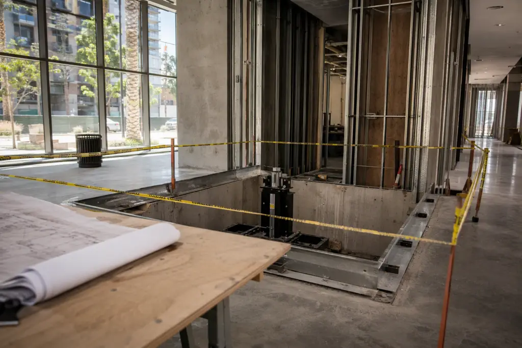 Commercial elevator hoistway under construction in a Long Beach CA mid-rise lobby, showing concrete pit, steel sill plates, and architectural drawings on a work table during the permit-to-installation