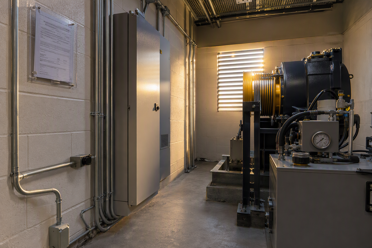 Elevator machine room with fully installed hydraulic power unit, controller cabinet, and state inspection certificate in a Los Angeles commercial building, representing the final certification phase b