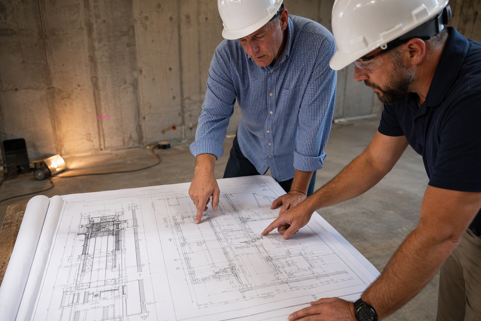 Building manager and elevator contractor reviewing permit drawings for a new elevator installation in an unfinished Los Angeles area machine room.