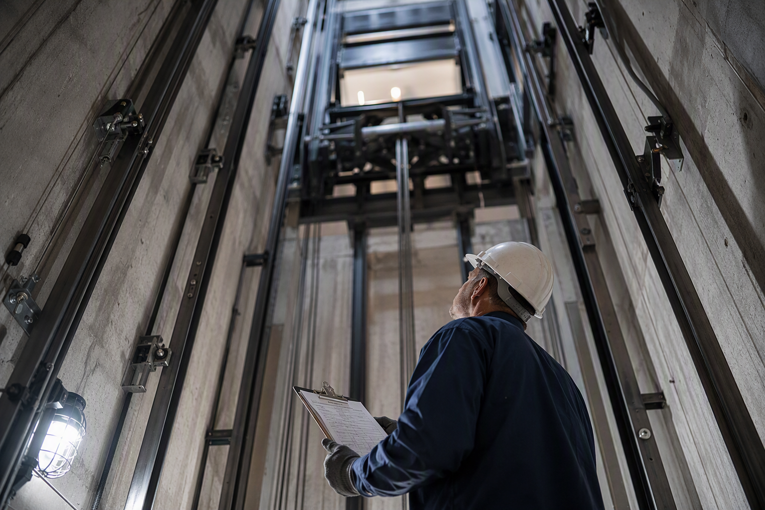 Cal/OSHA elevator inspector examining guide rails and safety equipment inside a new hoistway during final inspection before a Los Angeles building receives its permit to operate.