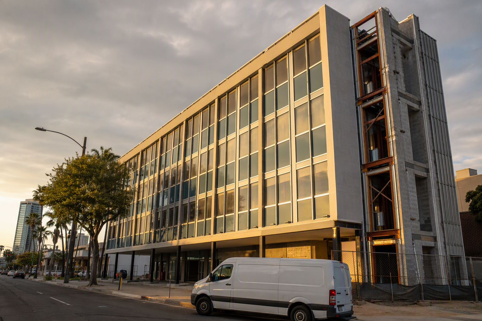 New elevator hoistway addition under construction on the exterior of a Long Beach CA commercial building, showing framed shaft and service van at street level.