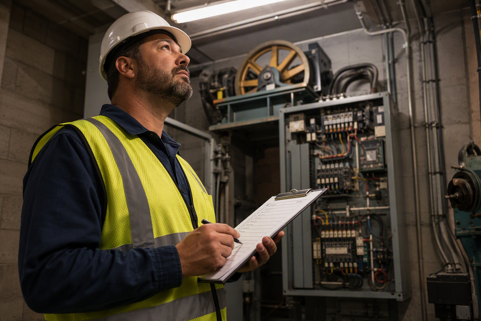 California QEI-licensed elevator inspector reviewing compliance checklist in a Los Angeles commercial building machine room under ASME A17.1 and Title 8 regulations