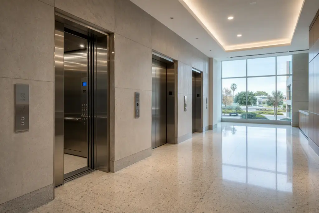 Bank of ADA-compliant elevator doors in a Los Angeles-area healthcare facility lobby meeting ASME A17.1 and California Title 8 elevator inspection requirements