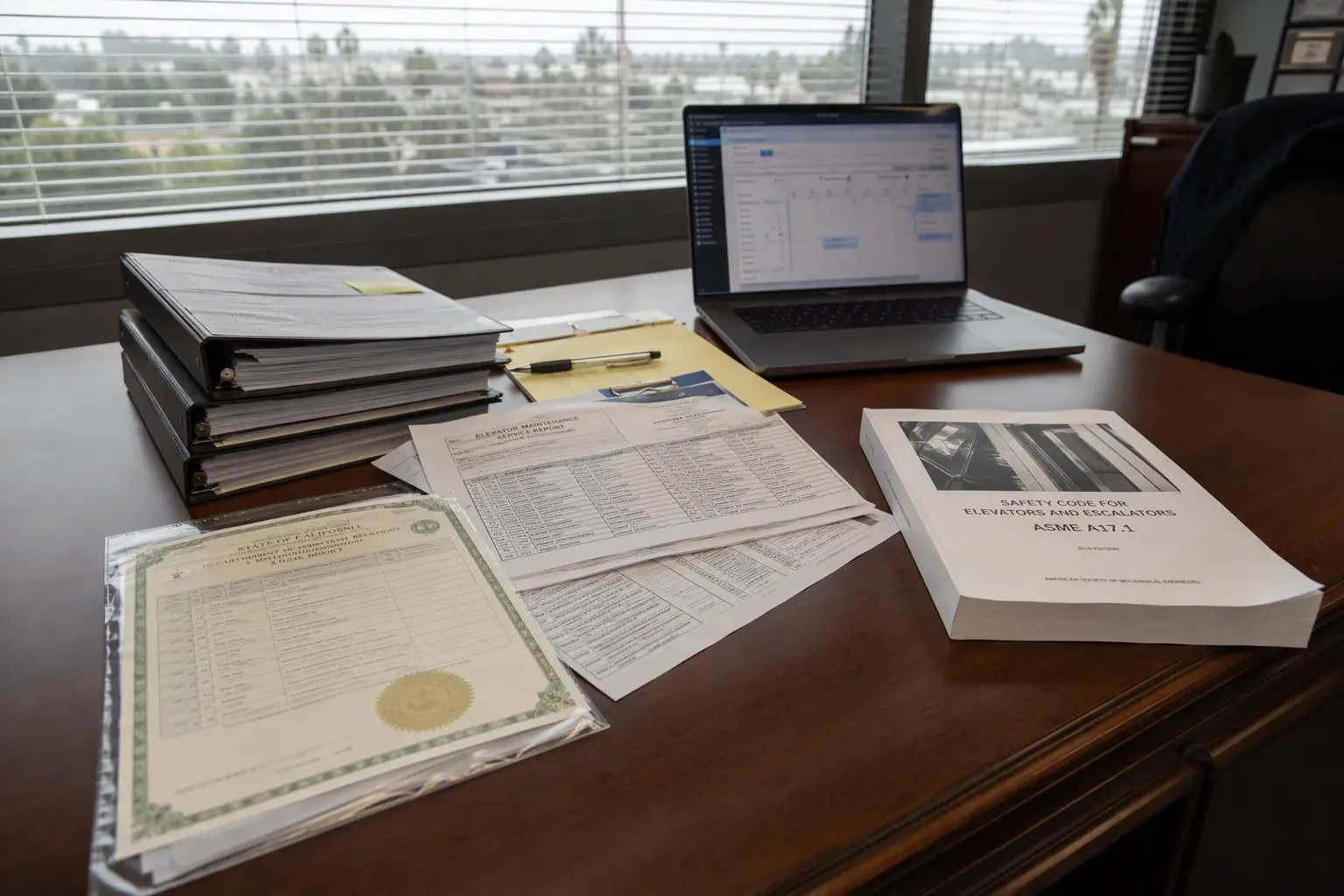 Elevator maintenance records, California Permit to Operate certificate, and ASME compliance documents on a property manager's desk in a Los Angeles or Orange County commercial building