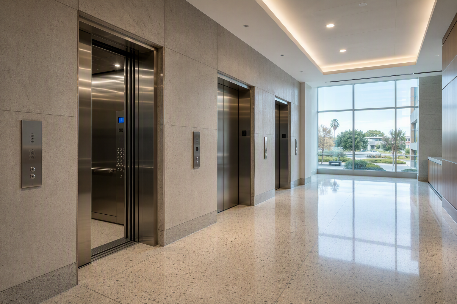 Bank of ADA-compliant elevator doors in a Los Angeles-area healthcare facility lobby meeting ASME A17.1 and California Title 8 elevator inspection requirements