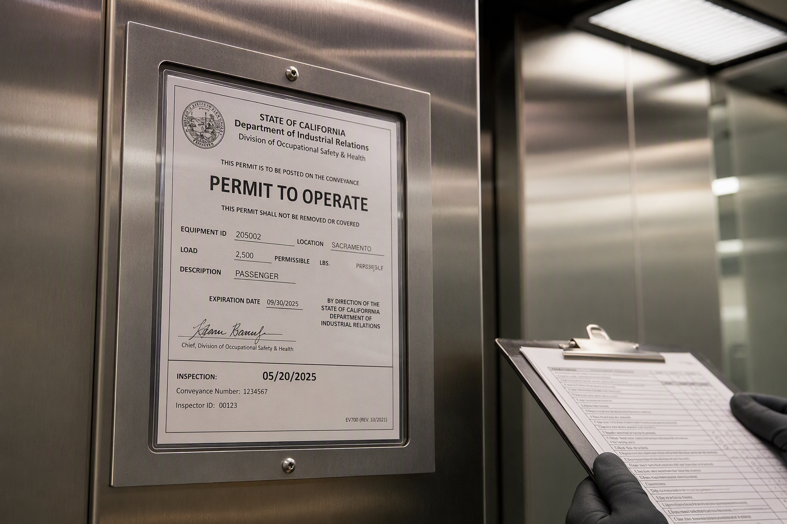 California DIR elevator permit to operate posted inside a commercial elevator cab, as required by Cal/OSHA for retail and commercial properties in Los Angeles and Orange County