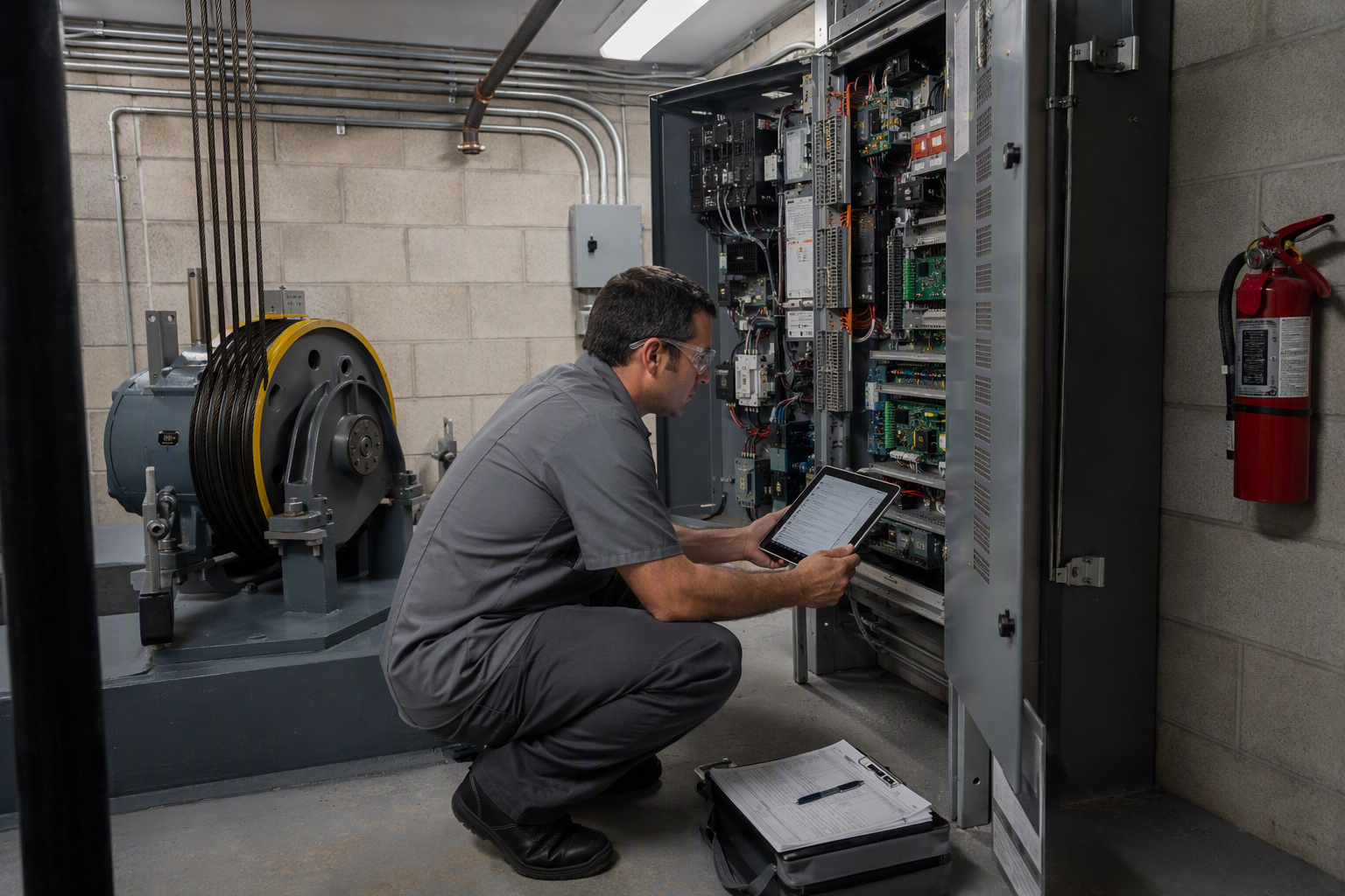 Licensed elevator technician reviewing maintenance log documentation inside a commercial elevator machine room in Orange County or Los Angeles County, CA, as required for ongoing Cal/OSHA compliance