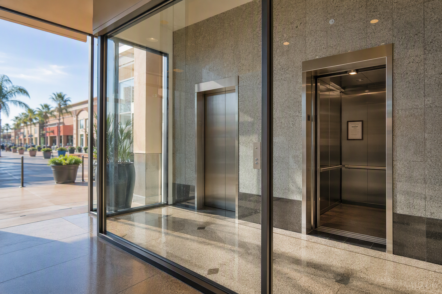 Commercial elevator bank inside an Orange County retail shopping center, stainless steel doors with permit posted in cab, complying with California DIR inspection requirements
