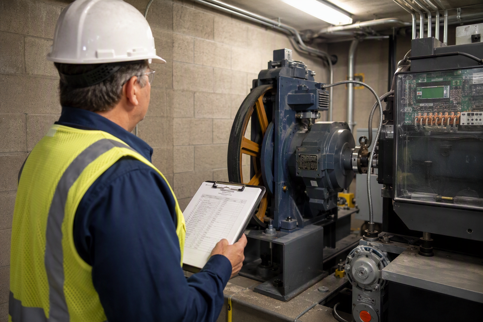Licensed elevator inspector reviewing traction machine room equipment during a California ASME A17.1 Category 1 or Category 5 inspection at an assisted living facility