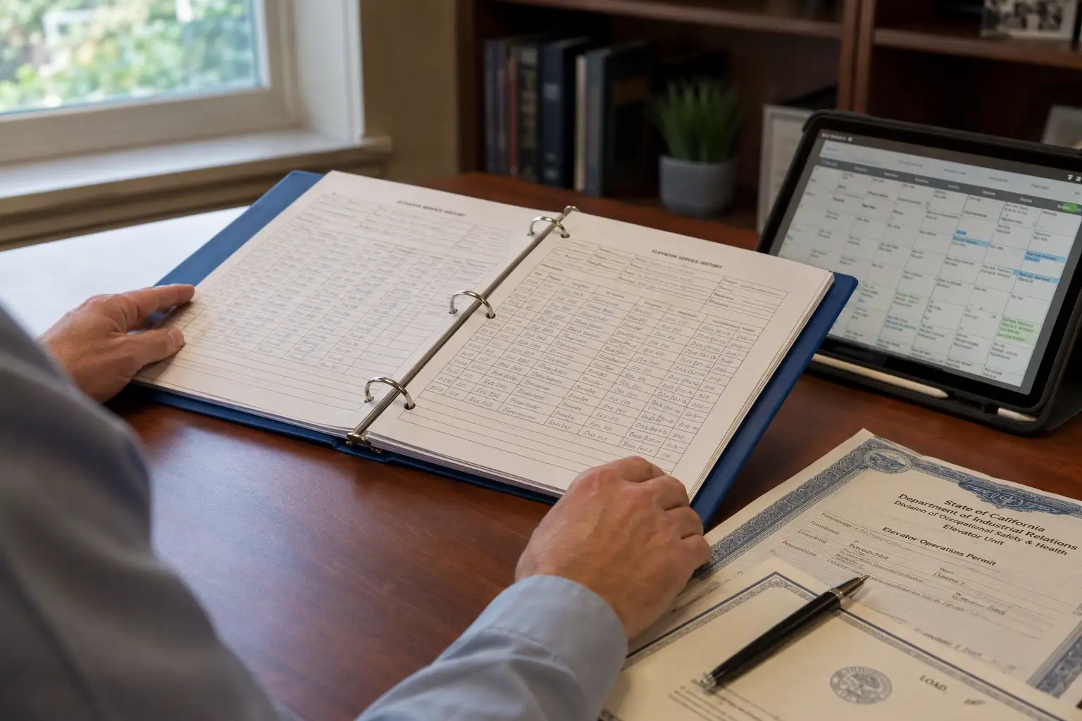 Assisted living facility administrator reviewing elevator maintenance records and California DIR inspection documentation at a desk to meet senior living compliance requirements